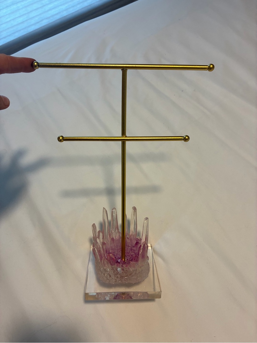Gold Jewelry Stand with Pink Crystal Glass Base